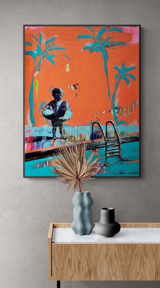 Bright summer painting - "Small swimmer" - Pop Art - Pool - Palms - Landscape - California - Nature - Orange&Blue
