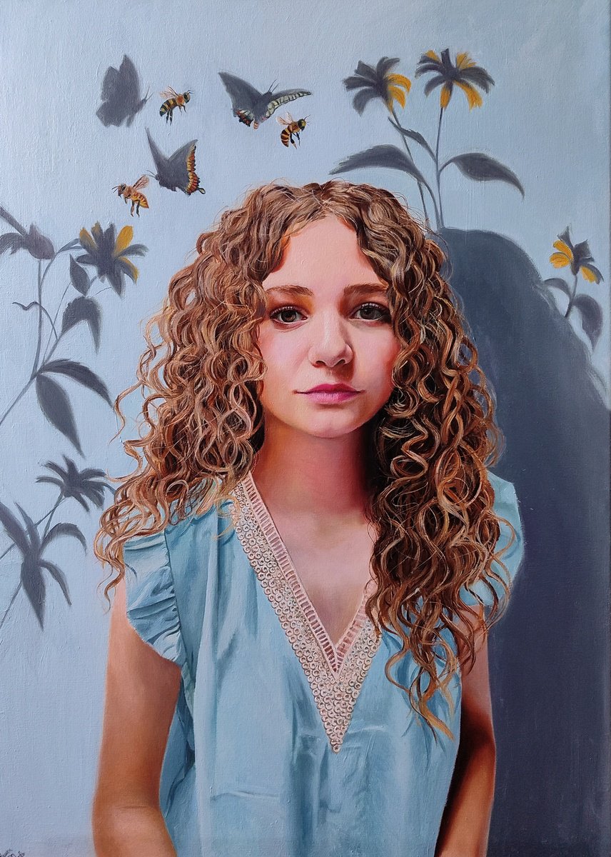 Photorealistic Portrait Oil Painting By Laura Muolo, 20 X 28", The Enchantment In The Shadow, Original Artwork