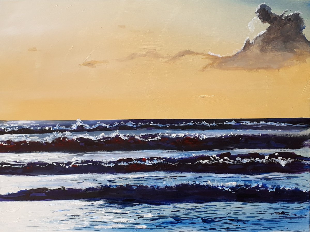 Impressionistic Landscape Acrylic Painting By Cathal Gallagher, 24 X 18, Sunset Wave, Original Artwork