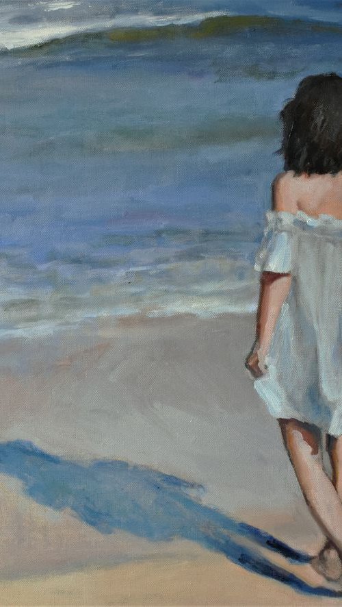 Blue Waters-Impressionist beach figure oil sea painting. 45x61cm. by Jackie Smith