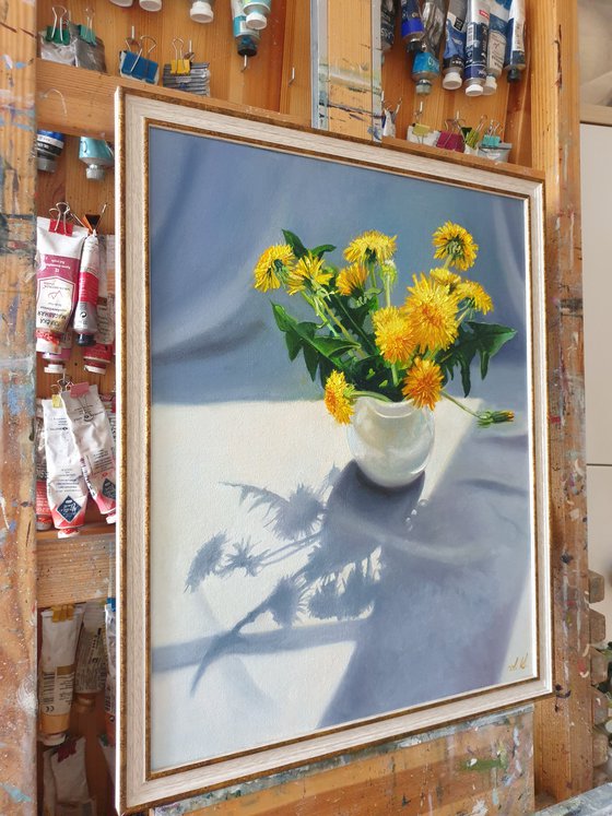 "Bouquet from a young gentleman. "  still life summer  dandelion   white liGHt original painting  GIFT (2021)