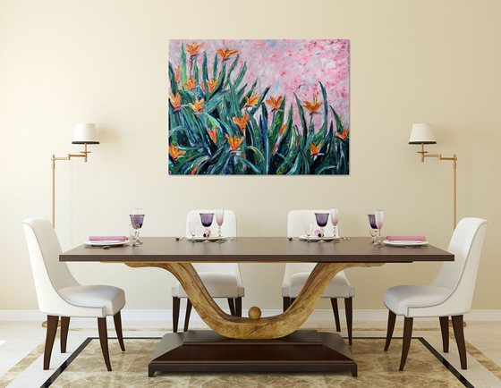 Big original oil painting Flowers Bird of paradise