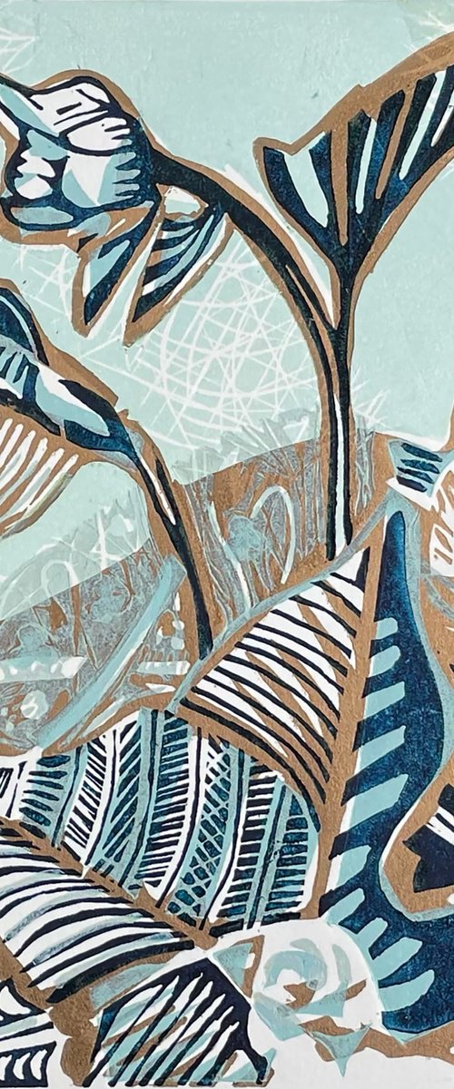 Dahlias Emerging Linocut by C Staunton