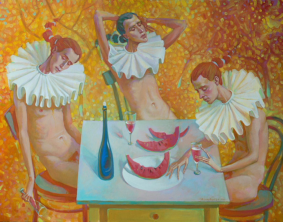 Impressionistic Portrait Acrylic Painting By Nicolay Vydcovsky, 31 X 28", Guests, Original Artwork