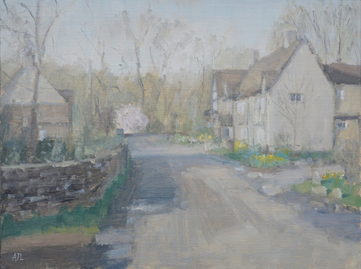 Impressionistic Cityscapes Oil Painting By Alex James Long, 16 X 12, Spring Blossom, Minster Lovell, Original Artwork