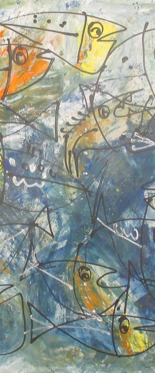 crasy blue fishes - acrylpainting 90x90cm 35,4  x 35,4 inch by Sonja Zeltner-Müller