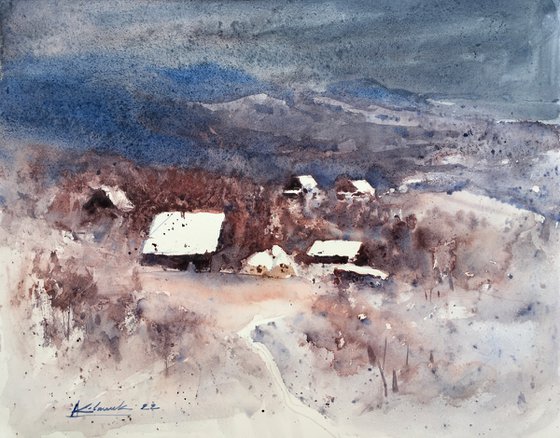 Winter landscape painting Original watercolor