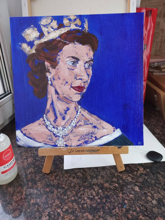 God Save The Queen. Oil portrait of Elizabeth II. 11.8x11.8inc/30x30cm