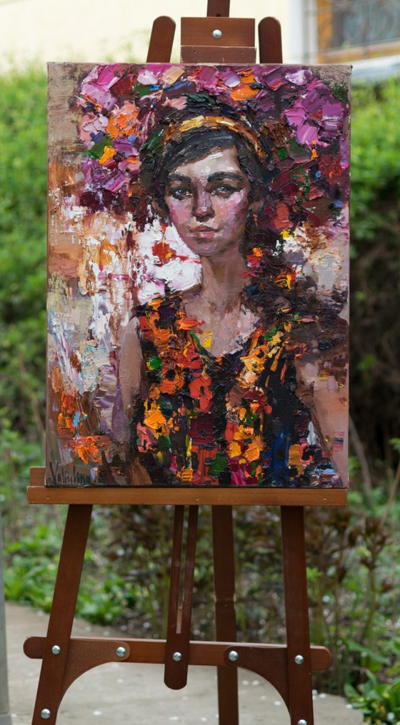 Girl with flowers - Original oil female portrait painting