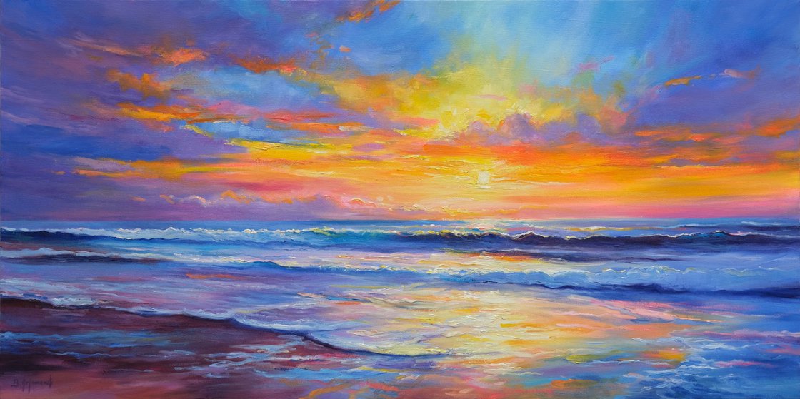 Magical Sunset - Colorful Beach Painting, Palette Knife Art, Original Artwok