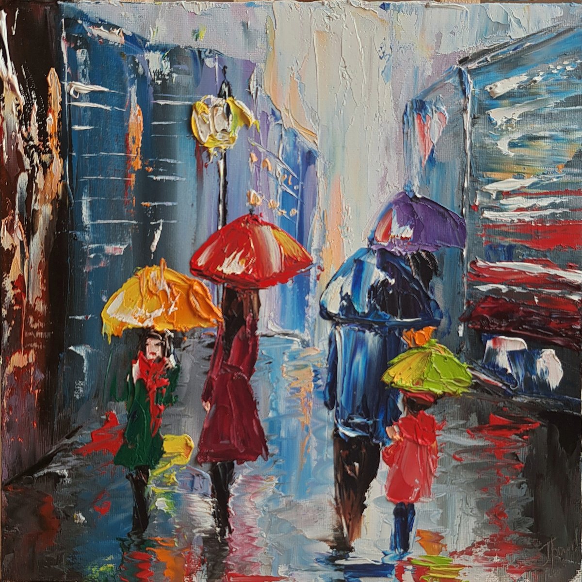 Impressionistic Cityscapes Oil Painting By Oksana Fedorova, 10 X 10", Rainy In The City, Original Artwork