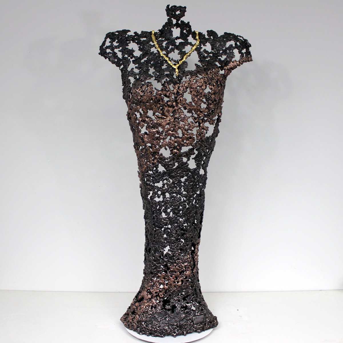 Expressive Portrait Sculpture By Philippe Buil, 16 X 33", Belisama Hopefully - Female Bronze Steel Body Sculpture With A Gold Leaf Necklace - Philippe Buil, Artfinder