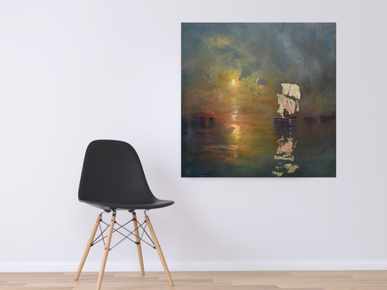 " Harbor of destroyed dreams - Emerald Night " W 110 x H 110 cm