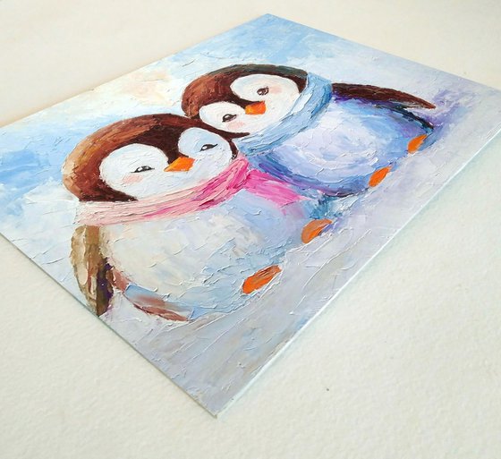 Penguin Couple Oil Painting Bird Wall Art Small Artwork