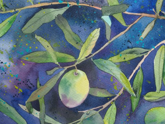 Olives on a dark background - original watercolor, falling paint