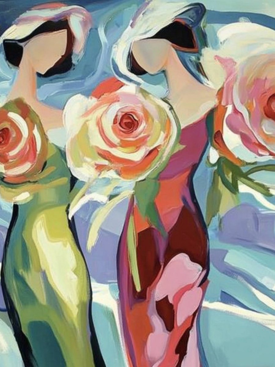 Impressionistic Portrait Print By Elena Avanesova, 24 X 31, Two Women With Roses, Original Artwork