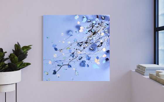 Square acrylic structure painting with flowers "Blue Day", mixed media