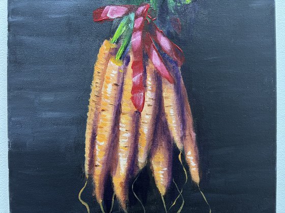 Still Life with Carrots and Red Ribbon