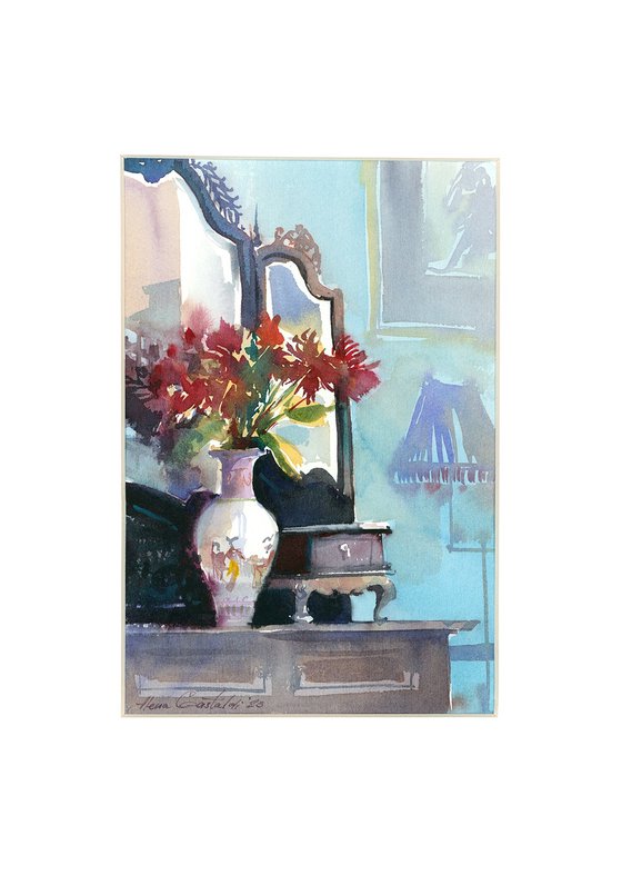 Famille Vase with Red Flowers - 30x21 cm
