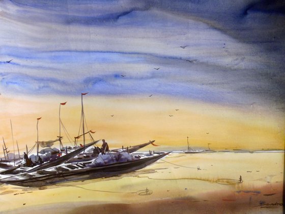 Fishing Boats at Seashore-Watercolor on paper