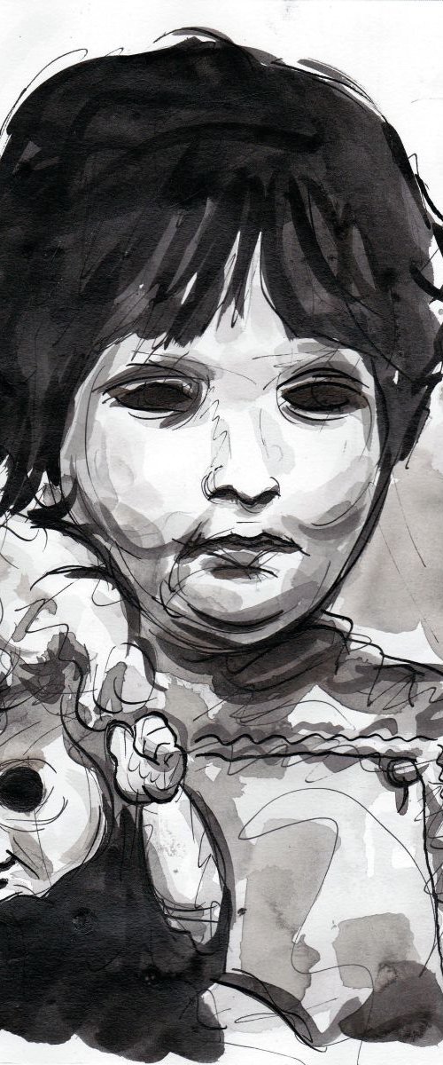 Ink drawing Girl & Doll by Lionel Le Jeune