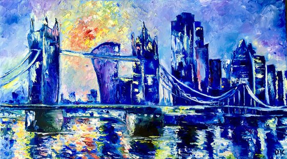 Tower bridge, City of London,  sunrise, variations of blue colors: ultramarine, navy blue, turquoise, sky blue, cobalt, palette knife original artwork.