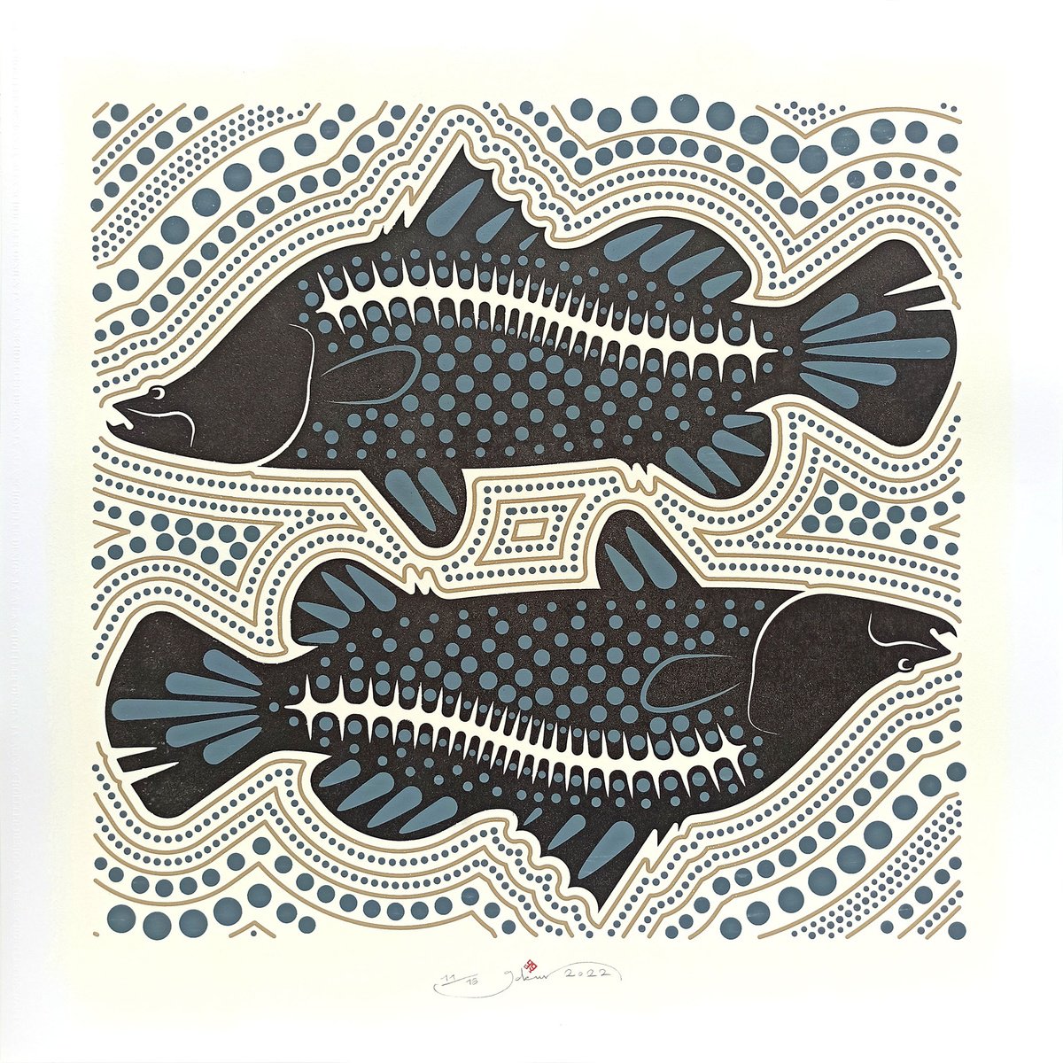 Graphic Animal Screenprint By Gokhan Okur, 28 X 28, Aboriginal Barramundi, Original Artwork