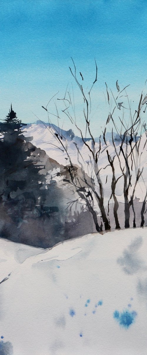 Sunny day in the mountains. Winter landscape. Original watercolor artwork. by Evgeniya Mokeeva