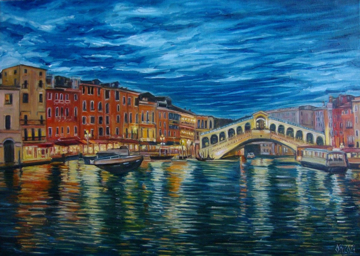 Photorealistic Cityscapes Oil Painting By Olga Knezevic, 28 X 20", Venice By Night, Original Artwork