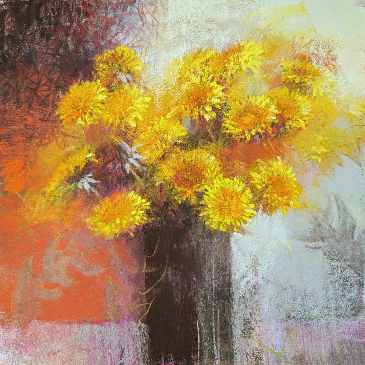 Botanical Pastel Drawing By Silja Salmistu, 12 X 12", Dandelions 4`24, Original Artwork