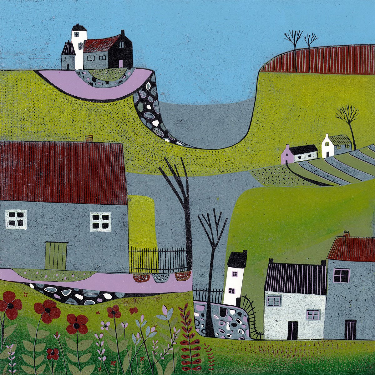 Graphic Landscape Linocut By Layla Khani (Aka Laylart), 15 X 15", Hills Above The Shore, Original Artwork