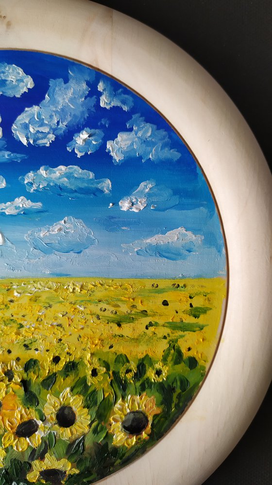 Peace, original impressionistic landscape sky field with sunflowers, oil on wooden plate