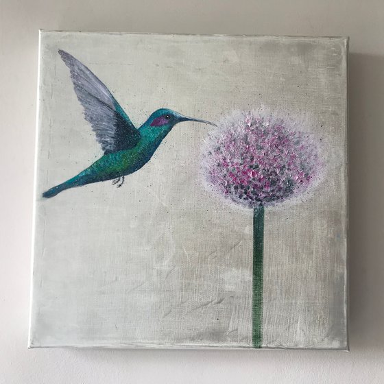 Hummingbird and Allium ~ on silver