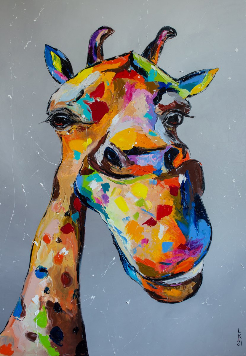 Animal Oil Painting By Liubov Kuptsova, 28 X 39", Funny Giraffe, Original Artwork