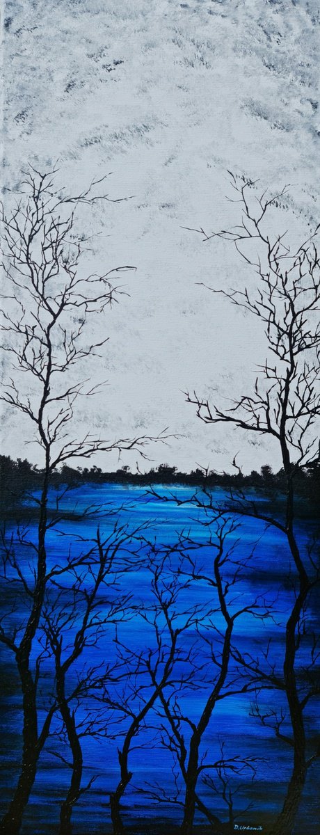 Impressionistic Landscape Acrylic Painting By Daniel Urbani?k, 12 X 31, Blue Lake 3, Original Artwork