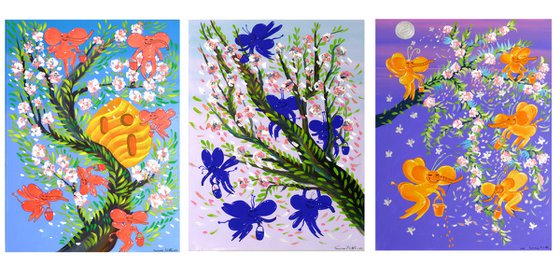 Triptych. Spring sakura and honey bees - elephants Acrylic painting by ...