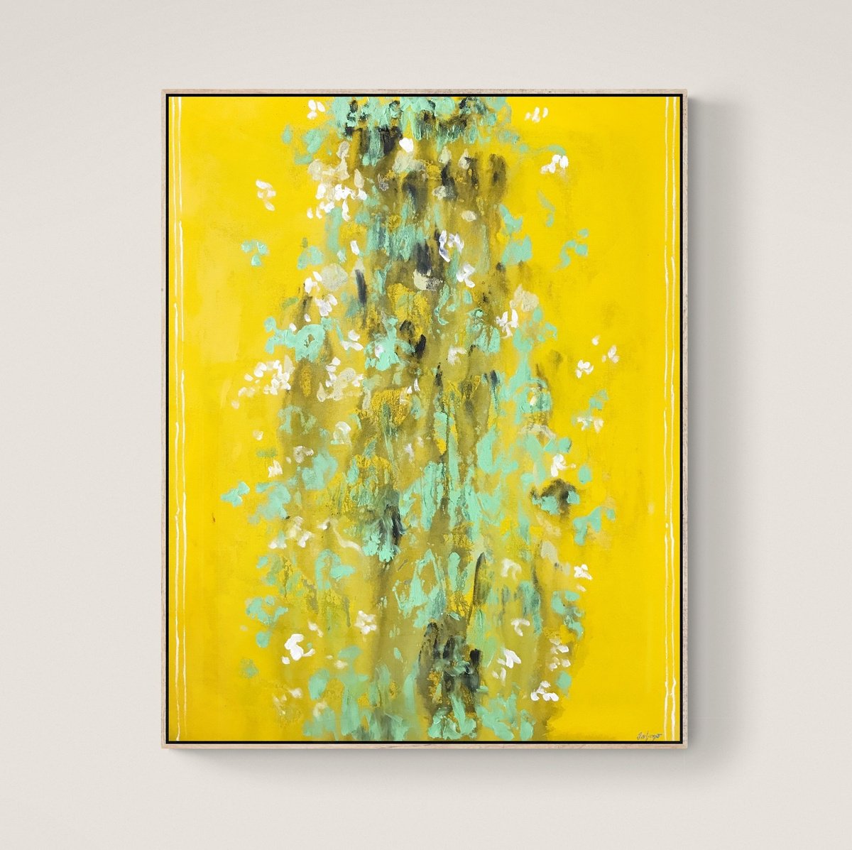 Abstract Landscape Acrylic Painting By Gela Mikava, 31 X 39, Yellow Flowers, Original Artwork