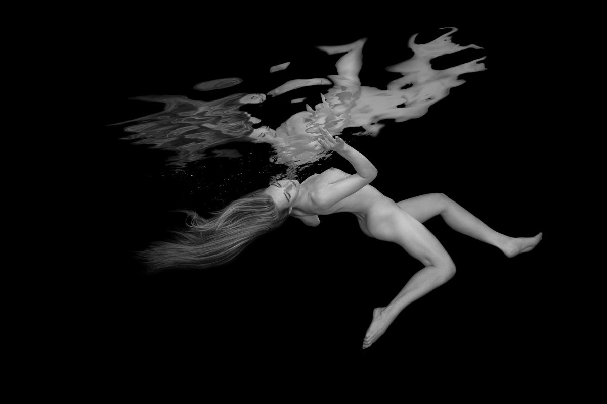 The Touch - underwater black & white photograph - print on aluminum 24 x 36 by Alex Sher