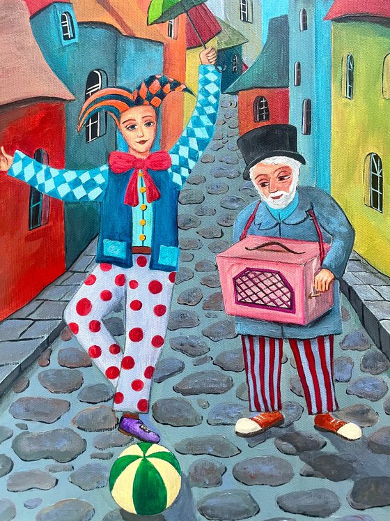 Organ grinder and clown