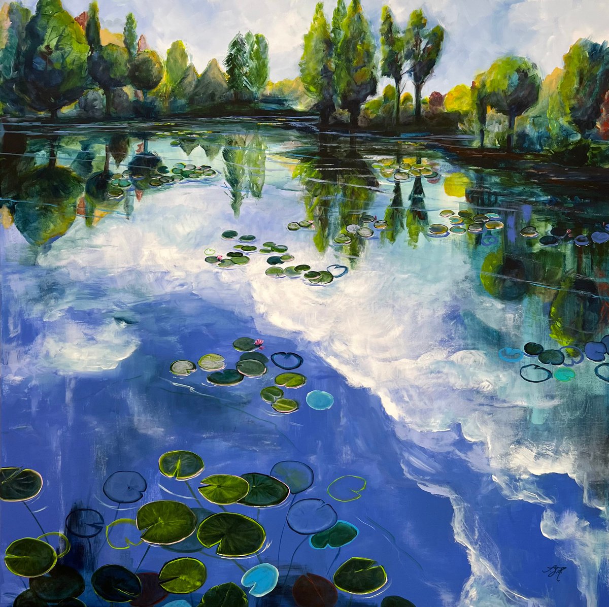 Impressionistic Landscape Acrylic Painting By Sandra Gebhardt-Hoepfner, 39 X 39", Waterlilies Pond 1, Original Artwork