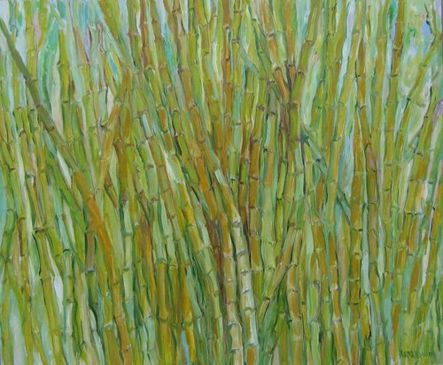 SINGING BAMBOO - Panel, India theme, pants and trees, floral art, large oil original painting, green colours, interior art by Karakhan