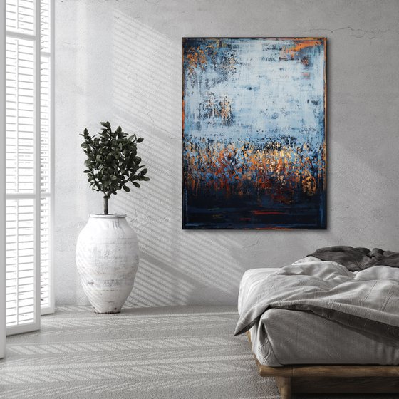 NIGHT SKY - 150 x 120 CM - TEXTURED ACRYLIC PAINTING ON CANVAS * BLUE * GOLD
