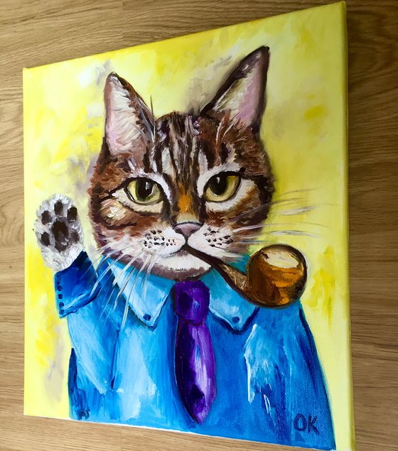 Troy The  Cat, portrait with a pipe and tie   oil painting for cat lovers