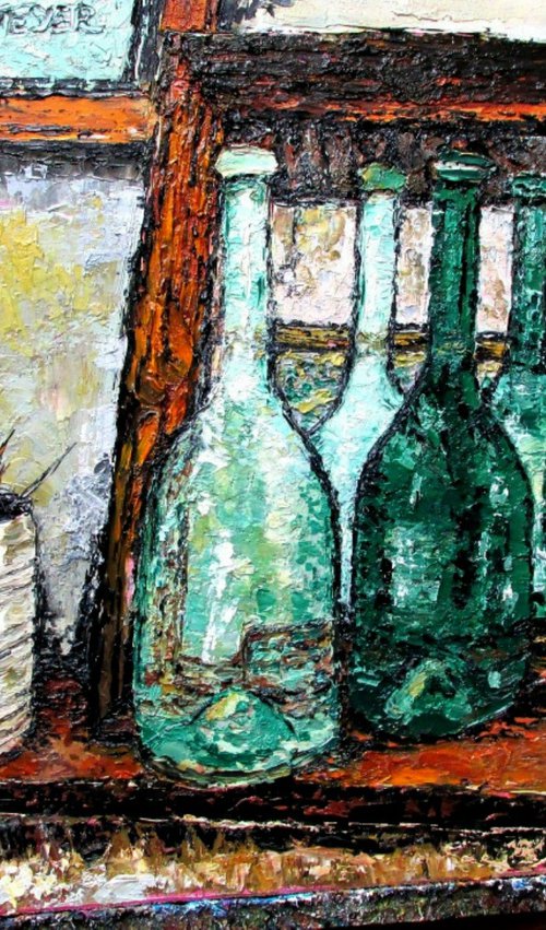 Bottles and brushes on a shelf with a mirror by Richard Meyer