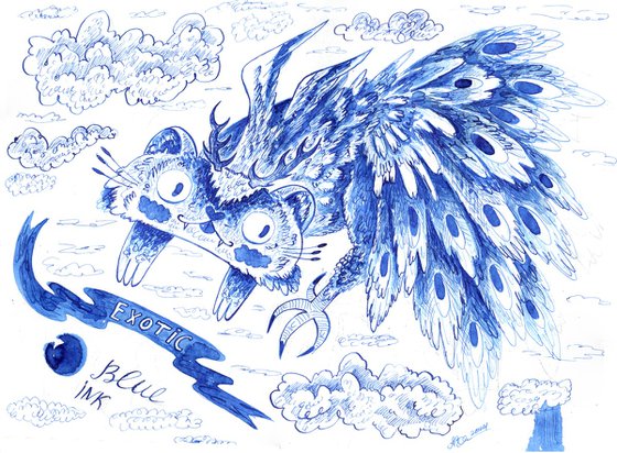 Peacock-cat in blue ink