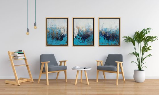 Large Abstract Painting. Modern White, Blue and Gold Textured Art. Painting with Structures. Triptych