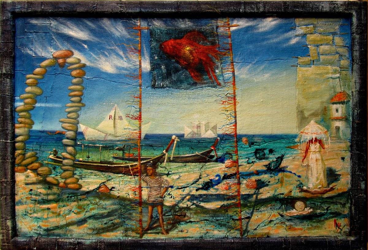 Surrealistic Landscape Oil Painting By Serhiy Roy, 37 X 26", Azure Harbor " The Gold Fish ", Original Artwork