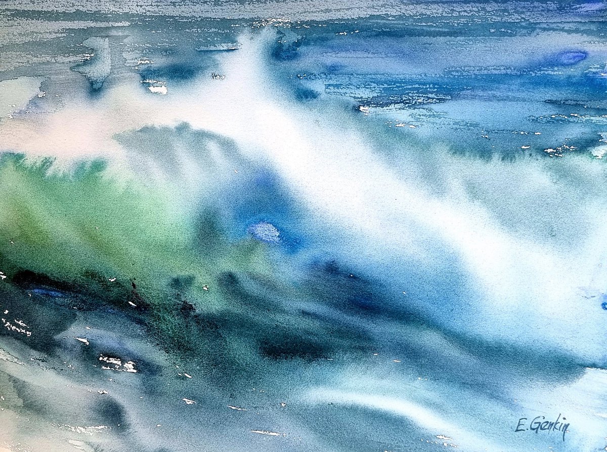 Impressionistic Landscape Watercolour By Elena Genkin, 15 X 11, The Sunny Wave - 6, Original Artwork