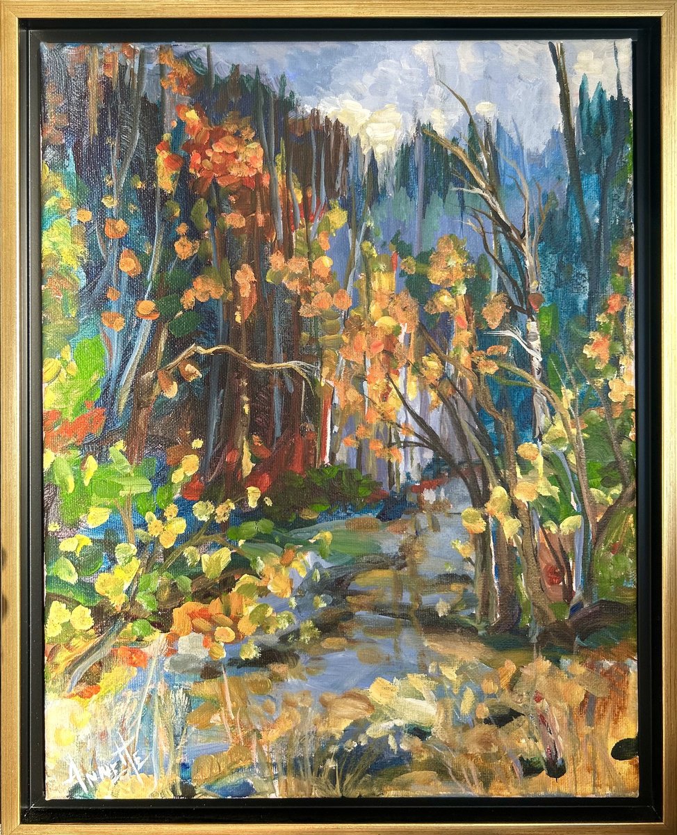 Impressionistic Landscape Acrylic Painting By Annette Wolters, 14 X 17, Mountain Fall Pathway, Original Artwork