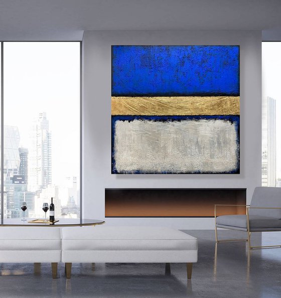 Out of the Blue - XL LARGE,  TEXTURED, GOLD LEAF ABSTRACT ART – EXPRESSIONS OF ENERGY AND LIGHT. READY TO HANG!